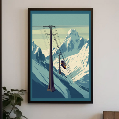 Ski Lift Across Winter Mountain Range Vintage Travel Poster