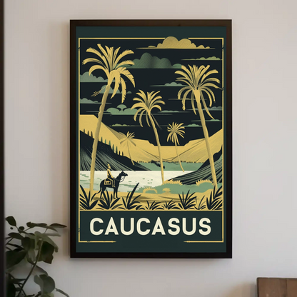 Caucasus Desert Palms Camel Rider Landscape Vintage Travel Poster
