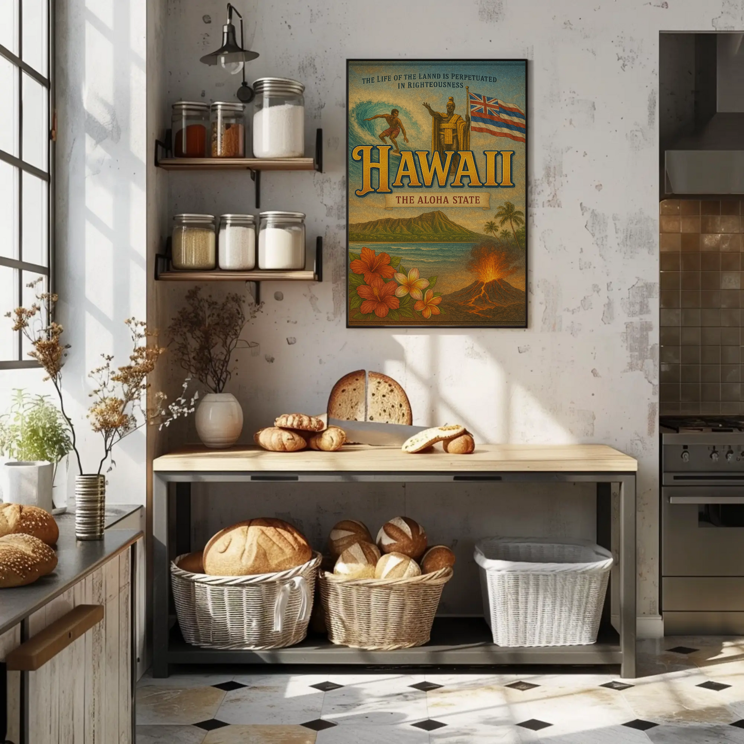 Hawaii Surf Volcano King Flag Flowers Travel Poster