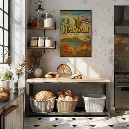 Hawaii Surf Volcano King Flag Flowers Travel Poster