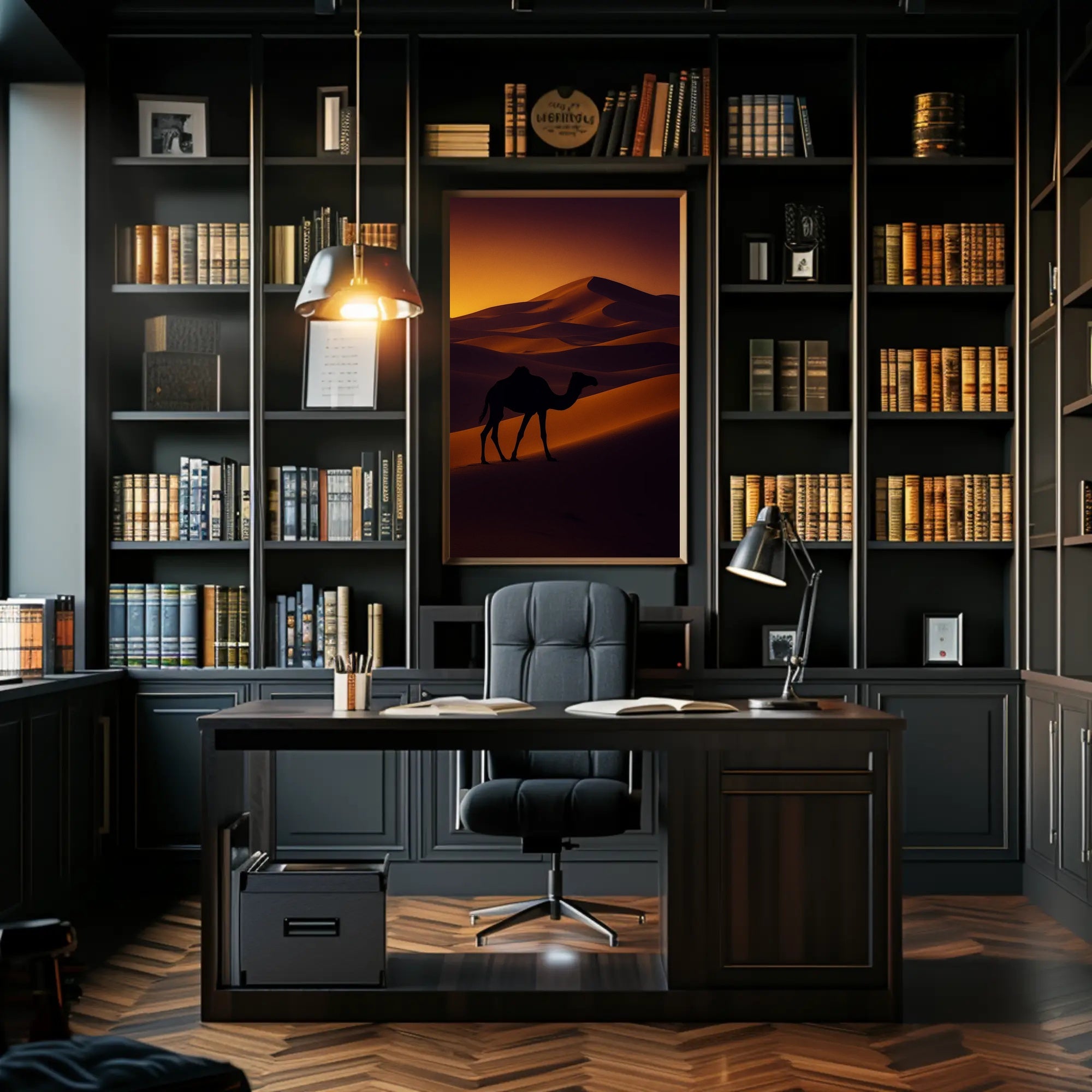 Camel Silhouette at Sunset Travel Poster