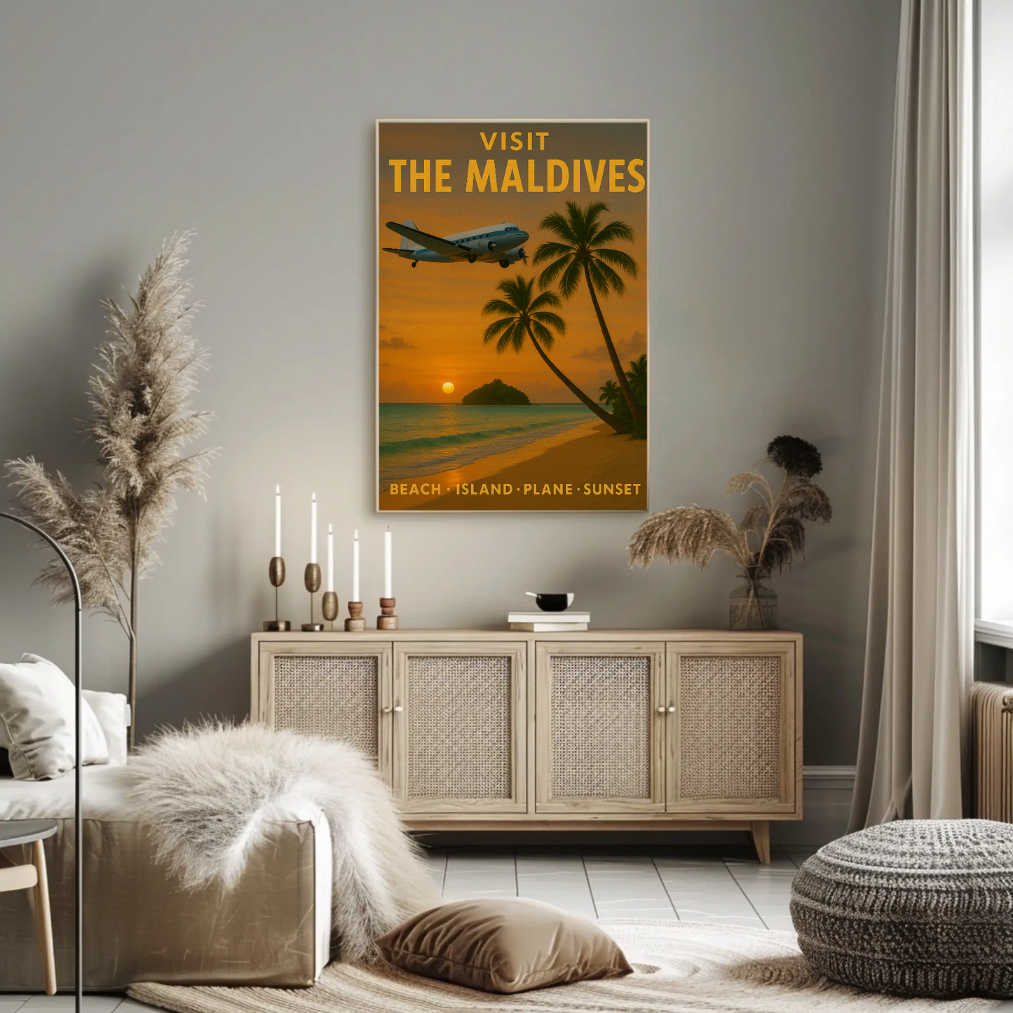 Visit Maldives Island Paradise Sunset Plane Travel Poster