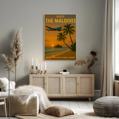 Visit Maldives Island Paradise Sunset Plane Travel Poster