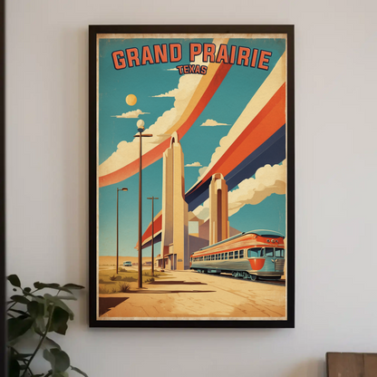 Grand Prairie Texas Train Towers Streamline Vintage Travel Poster