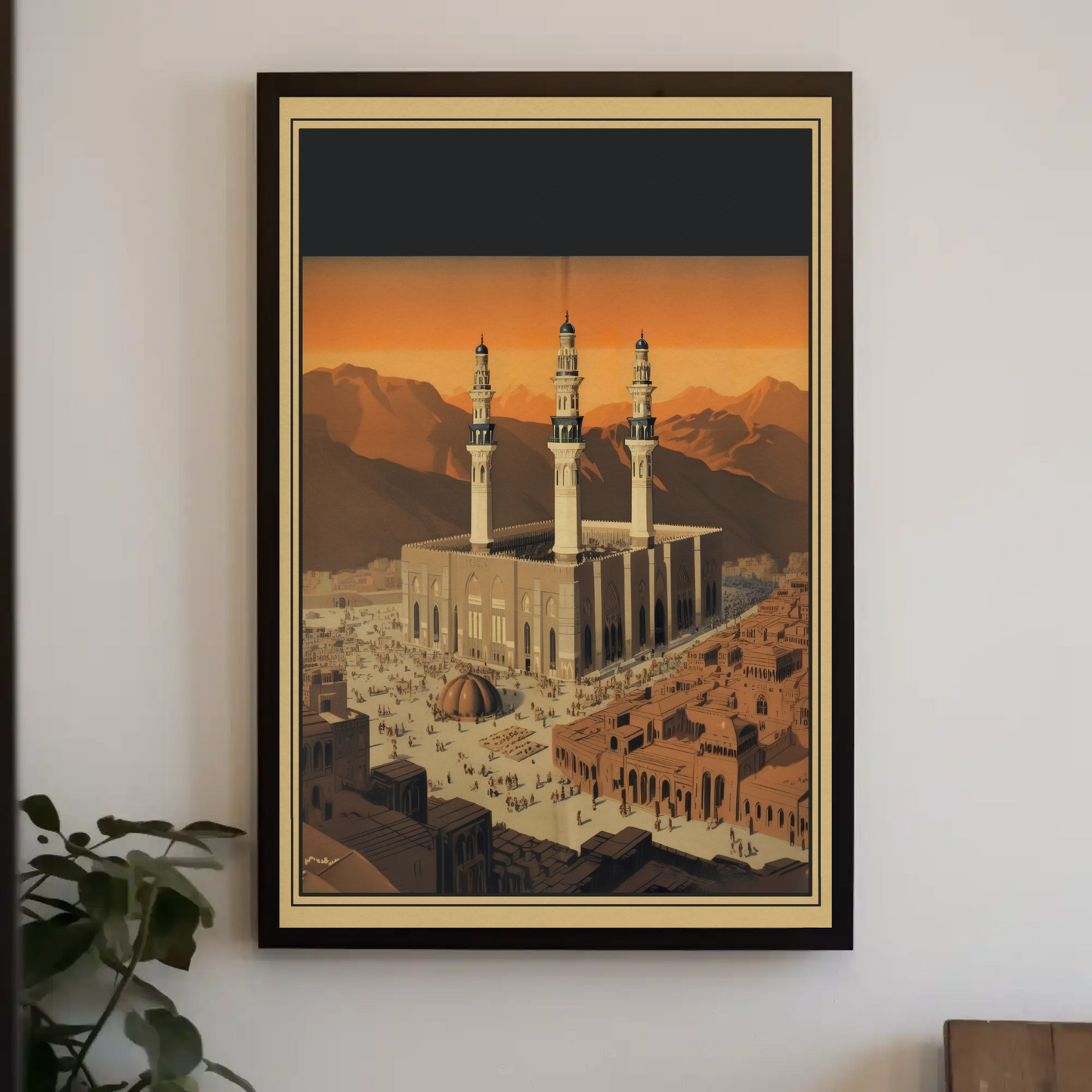 Three Minaret Mosque Mountainside Vintage Travel Poster