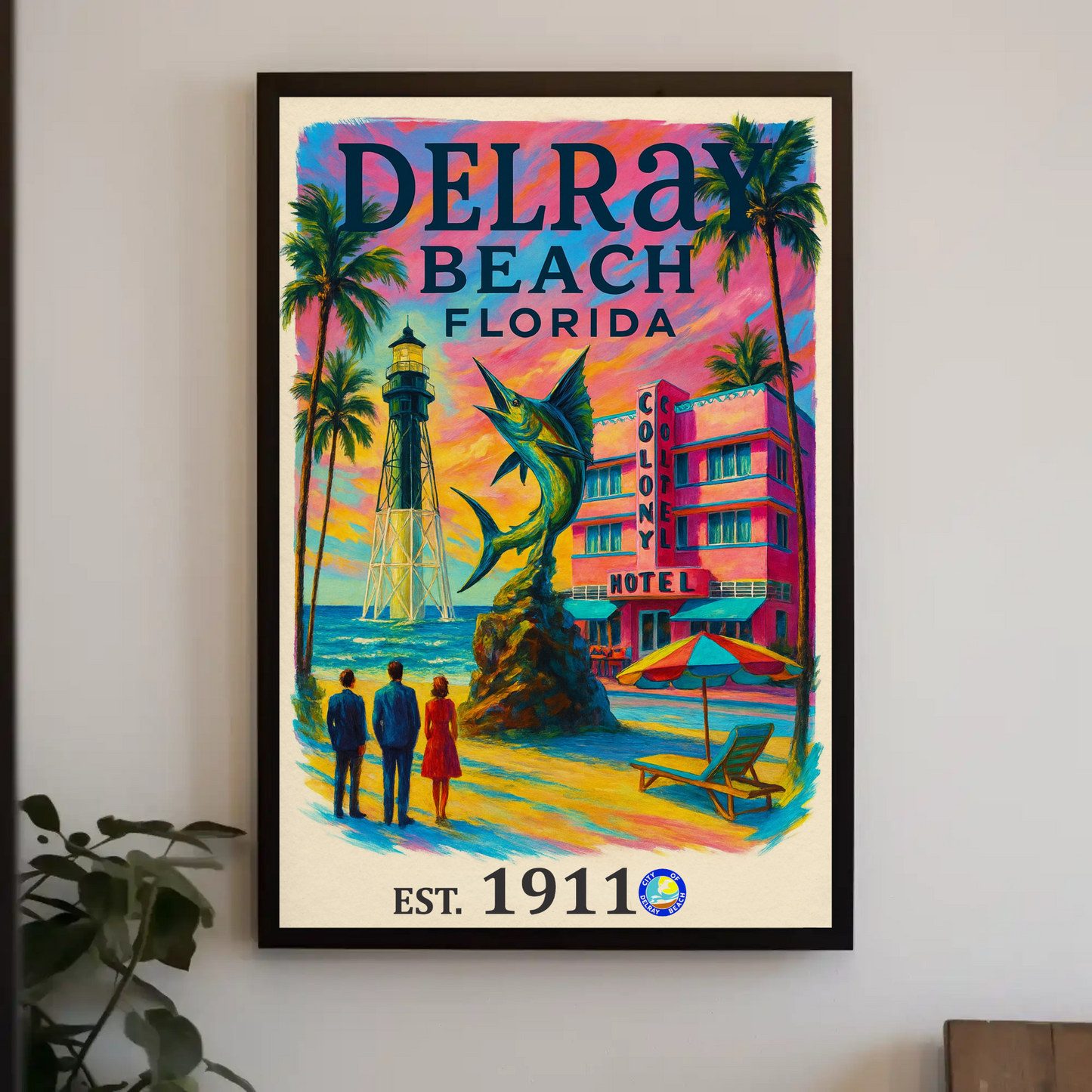 Delray Beach Hotel Lighthouse Fish Palms Vintage Travel Poster Wall Art