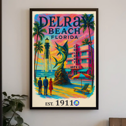 Delray Beach Hotel Lighthouse Fish Palms Vintage Travel Poster Wall Art