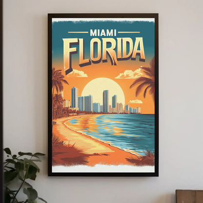 Miami Florida - Beach Sunset Vintage Travel Poster