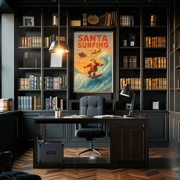 Santa Surfing Vintage Christmas Beach Poster