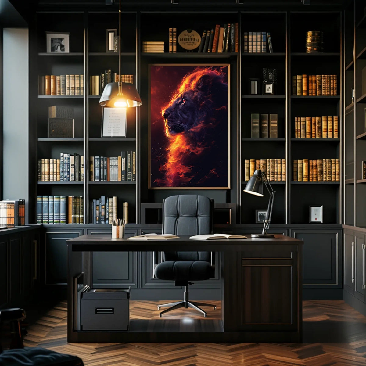 Majestic Lion Poster: Fiery Mane, Dark Background