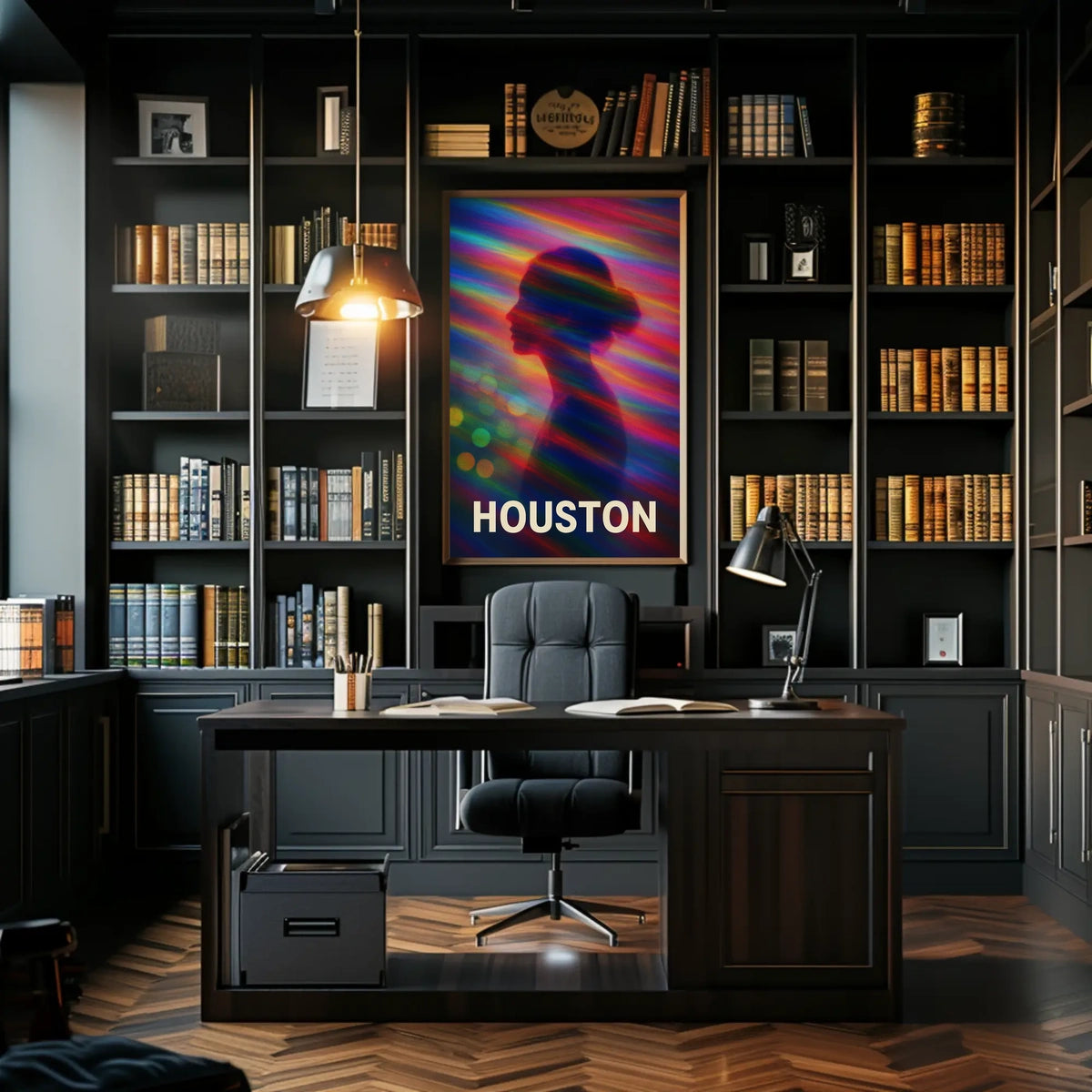 Vibrant Silhouette Houston Night City Neon Skyline Pop Art Digital Painting Urban Poster