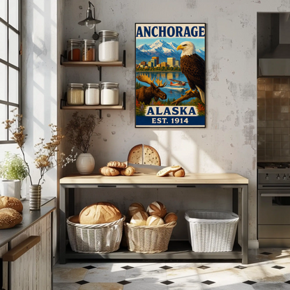 Anchorage Alaska Wildlife Skyline Nature Vintage Travel Poster