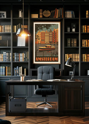 Amsterdam Vintage Travel Poster Depicting Retro Canal Scene
