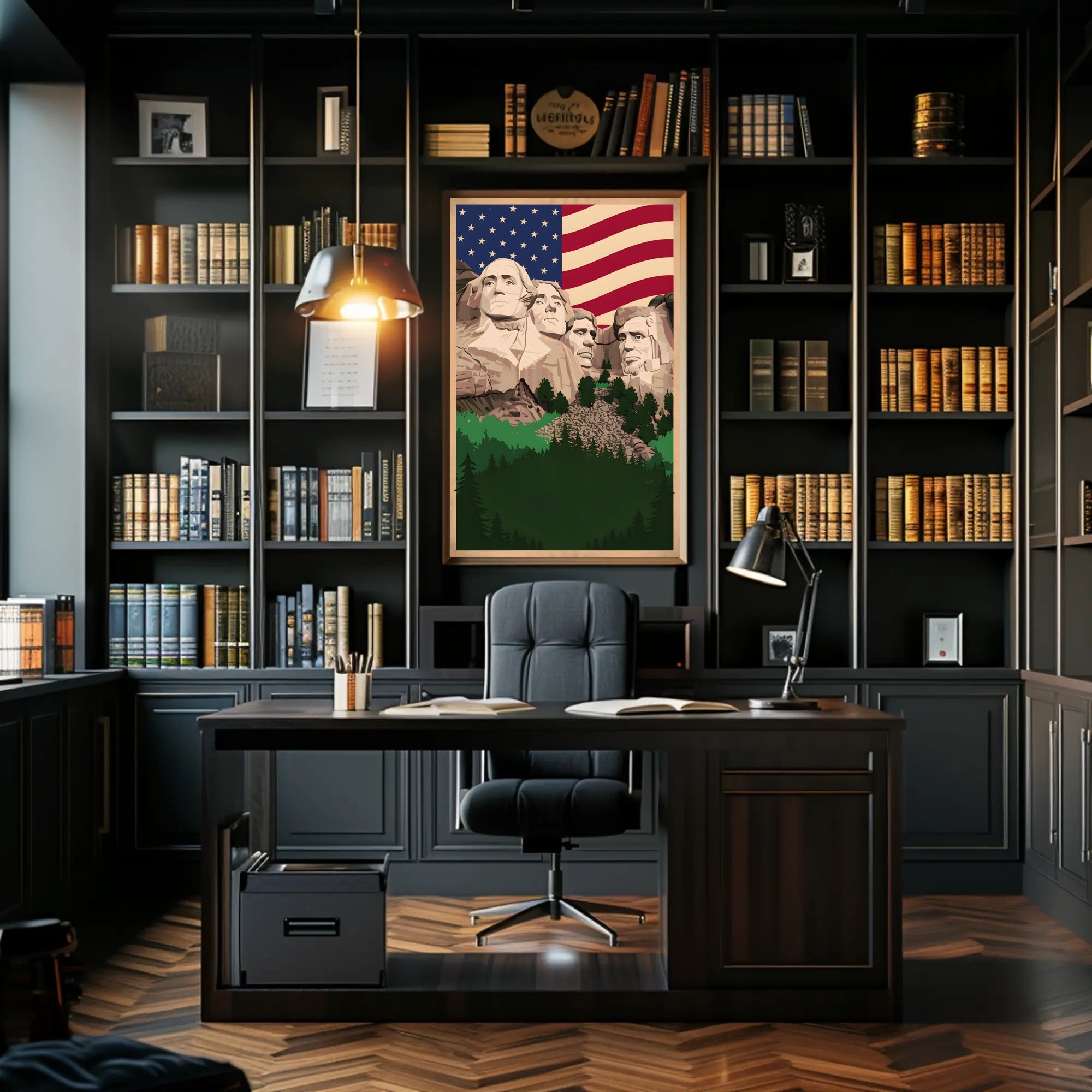 Mount Rushmore and the American Flag Poster