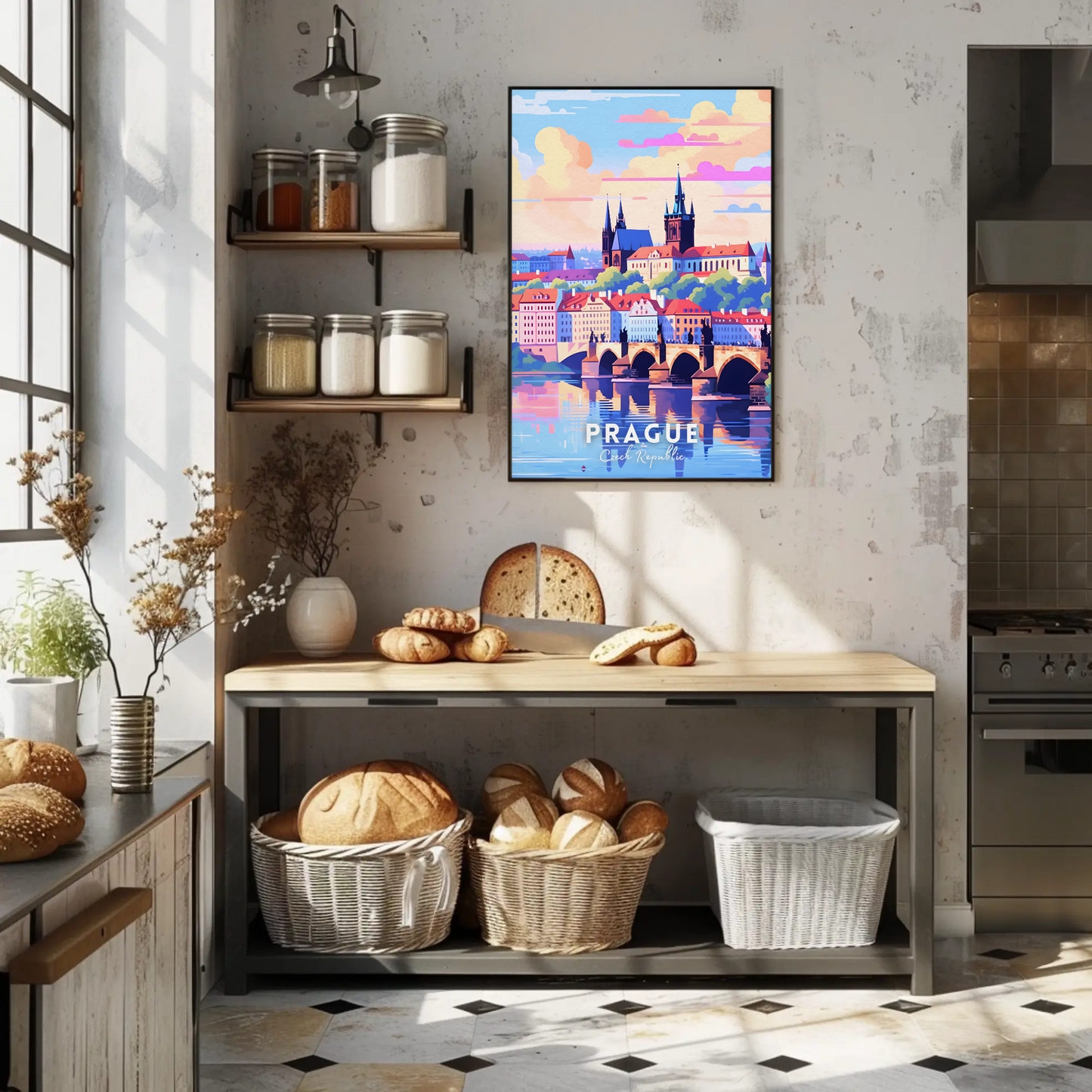 Prague City Bridge Sunset Travel Poster