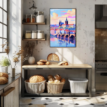 Prague City Bridge Sunset Travel Poster