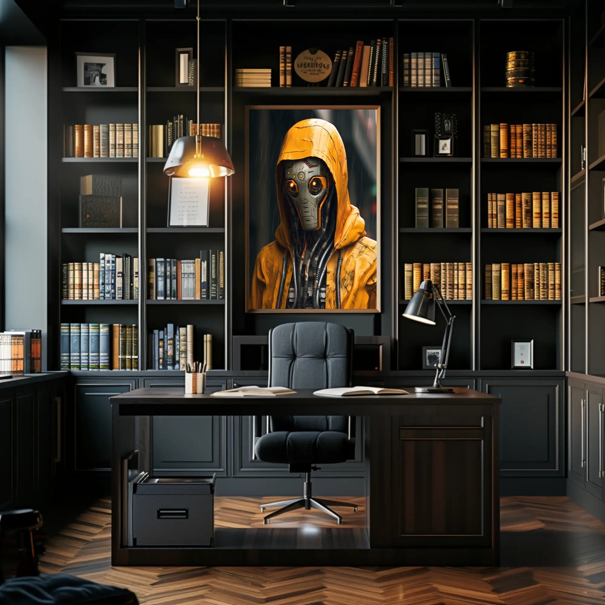 Cybernetic Sentinel In The Rain Poster PosterGoat