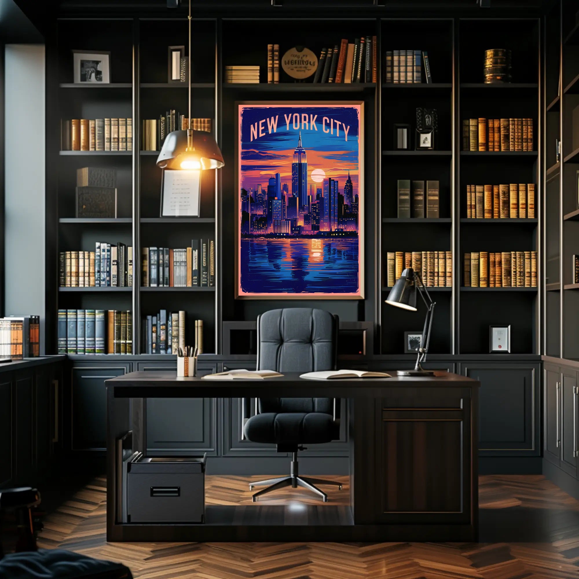 New York City Skyline at Sunset Poster Modern Wall Art