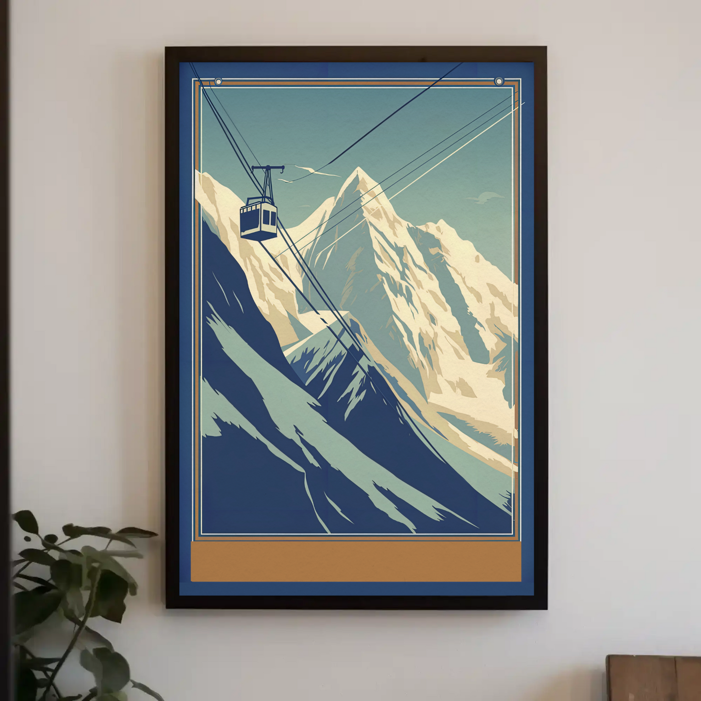 Retro Tram Over Snowy Mountainside Vintage Travel Poster