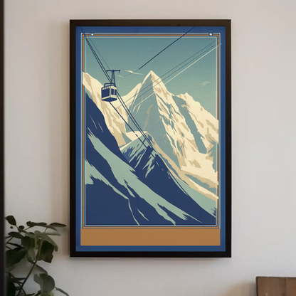 Retro Tram Over Snowy Mountainside Vintage Travel Poster
