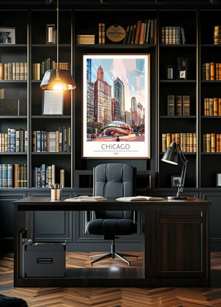 Chicago Skyline Travel Poster with Cloud Gate Landmark