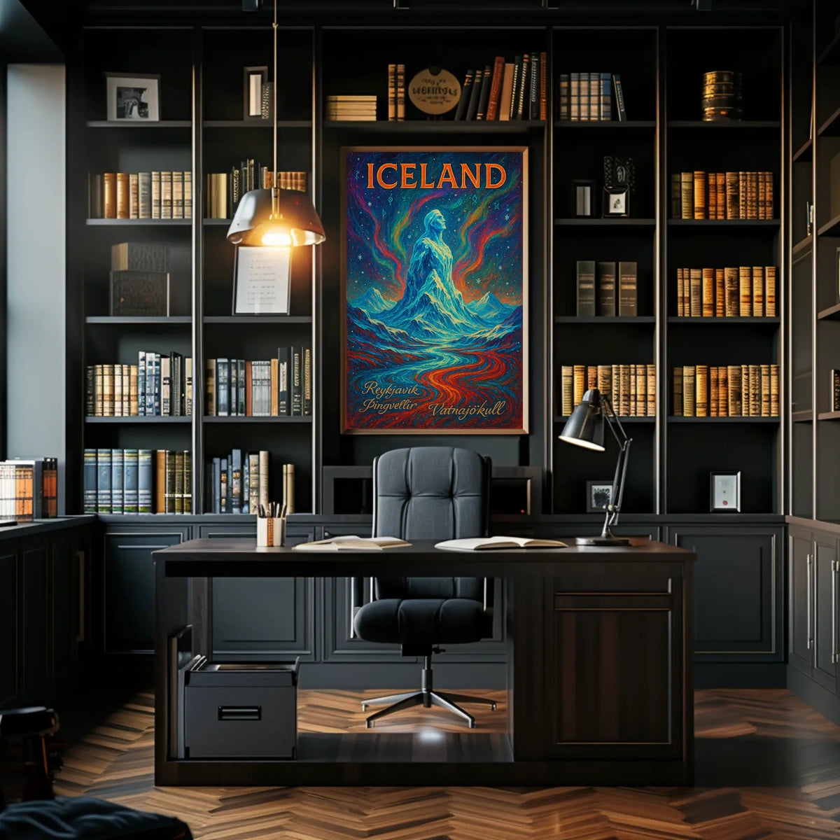 Icelandic Mythical Landscape Poster with Aurora Borealis