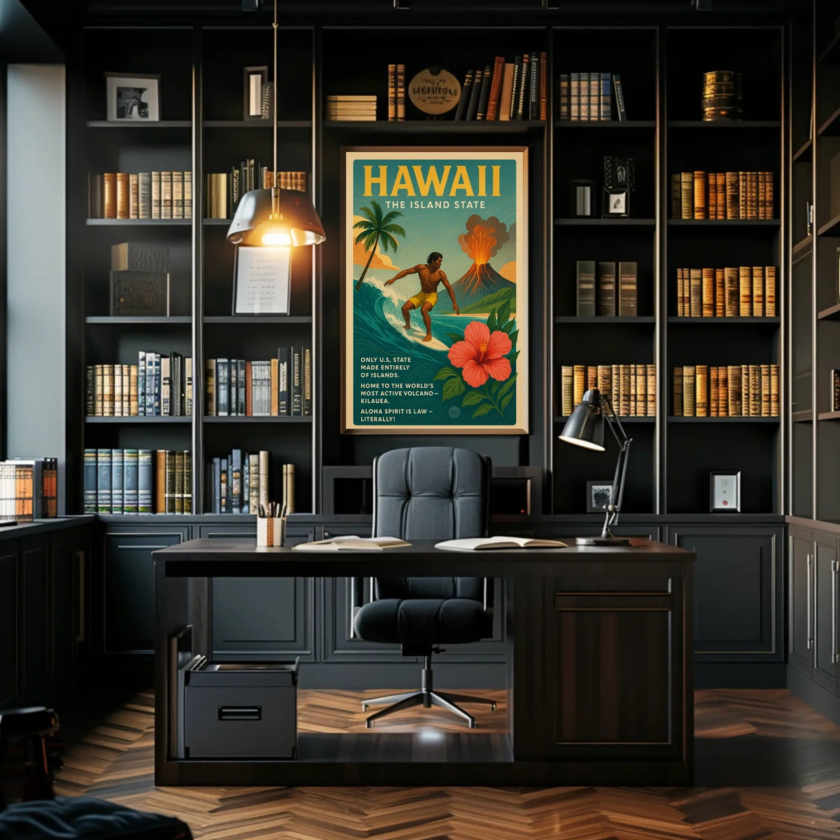 Hawaii Adventure Vintage Travel Poster: Surfing & Volcano