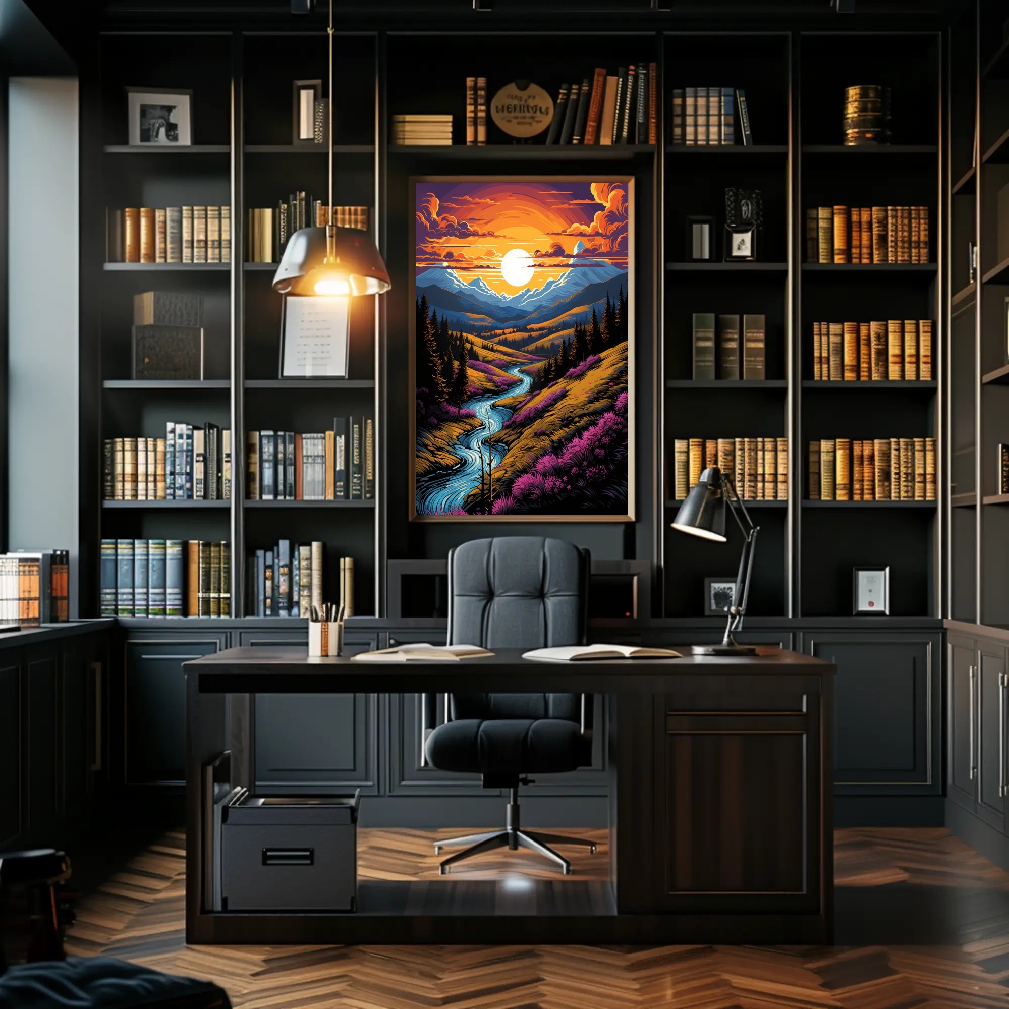 Sunset Over Mountain Stream Poster