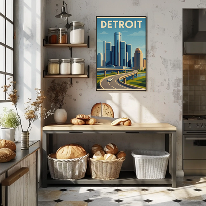Detroit Highway View Modern Skyline Travel Poster
