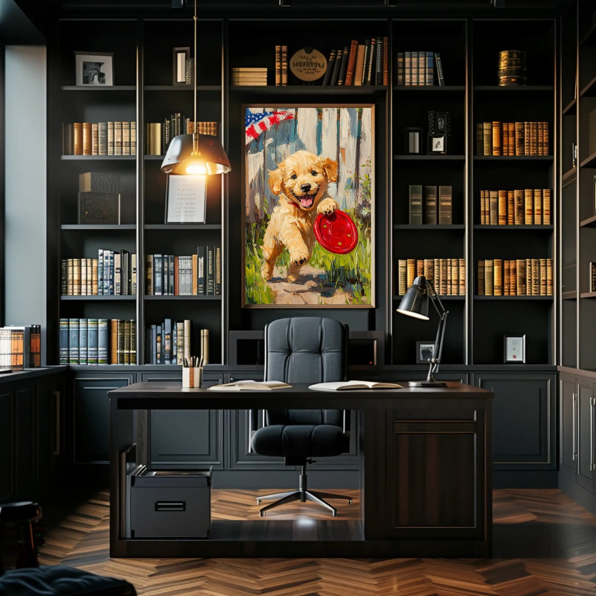 Golden Retriever Puppy Running With Red Frisbee Poster