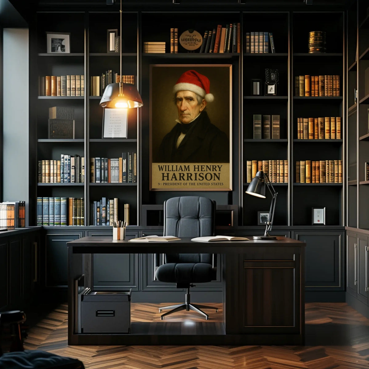 The poster depicts a stylized portrait of William Henry Harrison, the 9th President Travel Poster