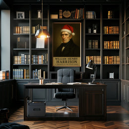 The poster depicts a stylized portrait of William Henry Harrison, the 9th President Travel Poster