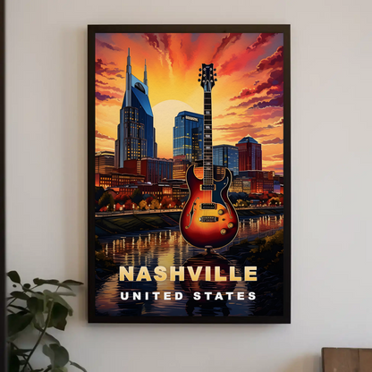 Nashville Tennessee Guitar Sunset Skyline Vintage Travel Poster