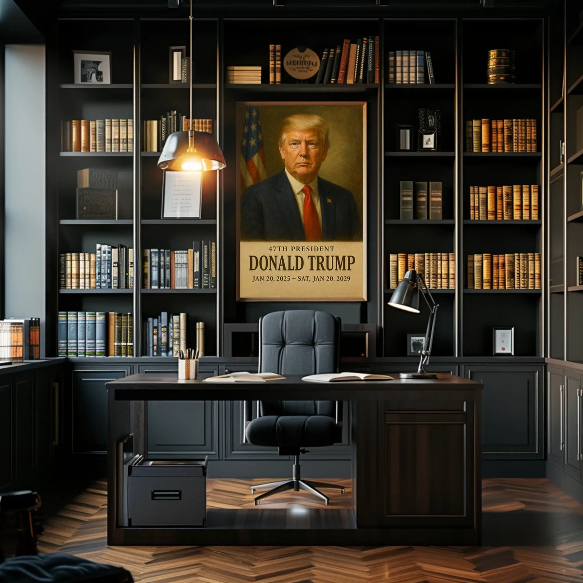 Donald Trump Silent Sentinel Patriotism Cinematic Realism Iconic American Portrait Leadership Legacy Bold Vision Poster