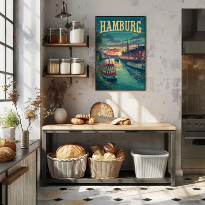 Hamburg Riverfront Twilight Travel Poster