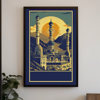 Majestic Mountain Mosque Sunburst Vintage Travel Poster