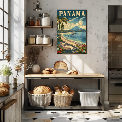 Panama Beach Volcano Sailboats Paradise Travel Poster