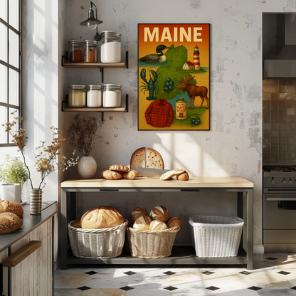 Maine State Symbols Moose Maple Lighthouse Poster
