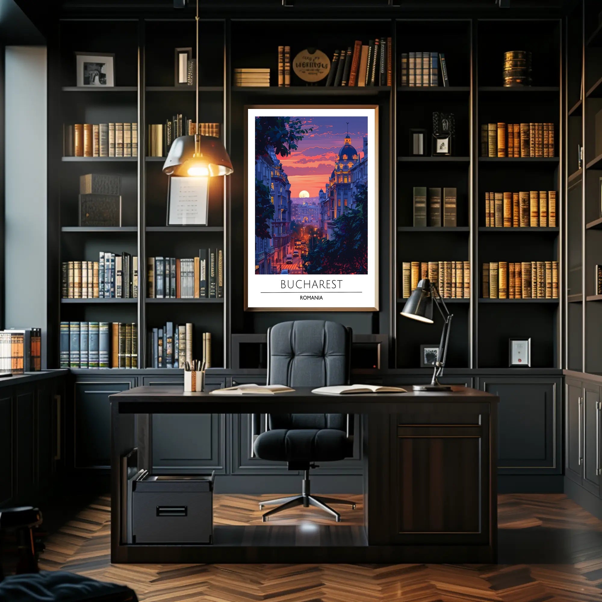 Bucharest Evening Street Scene at Sunset Travel Poster