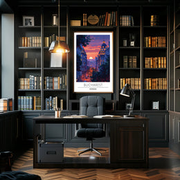 Bucharest Evening Street Scene at Sunset Travel Poster