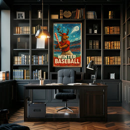 Winter Baseball Deer Poster: Festive Sports Art