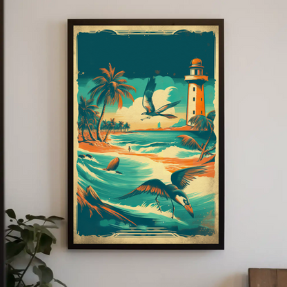 Tropical Coast Lighthouse Ocean Birds Vintage Travel Poster