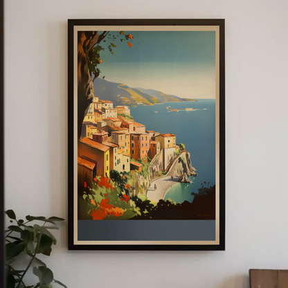 Italy Coastal Village Cliffs Blue Sea Vintage Travel Poster