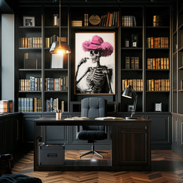 Skeleton in Pink Hat Macabre Whimsical Painterly Poster
