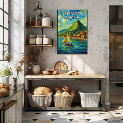 American Samoa Sailing Boats Mountain Coast Travel Poster