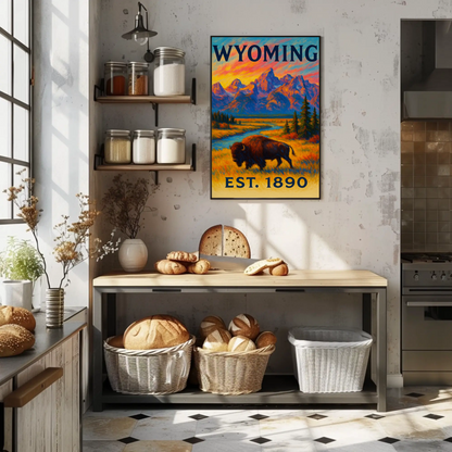 Wyoming Bison Mountains Sunset Vibrant Scenic Travel Poster