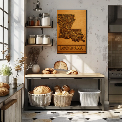 Louisiana Road Map Wood Engraved State Art Poster