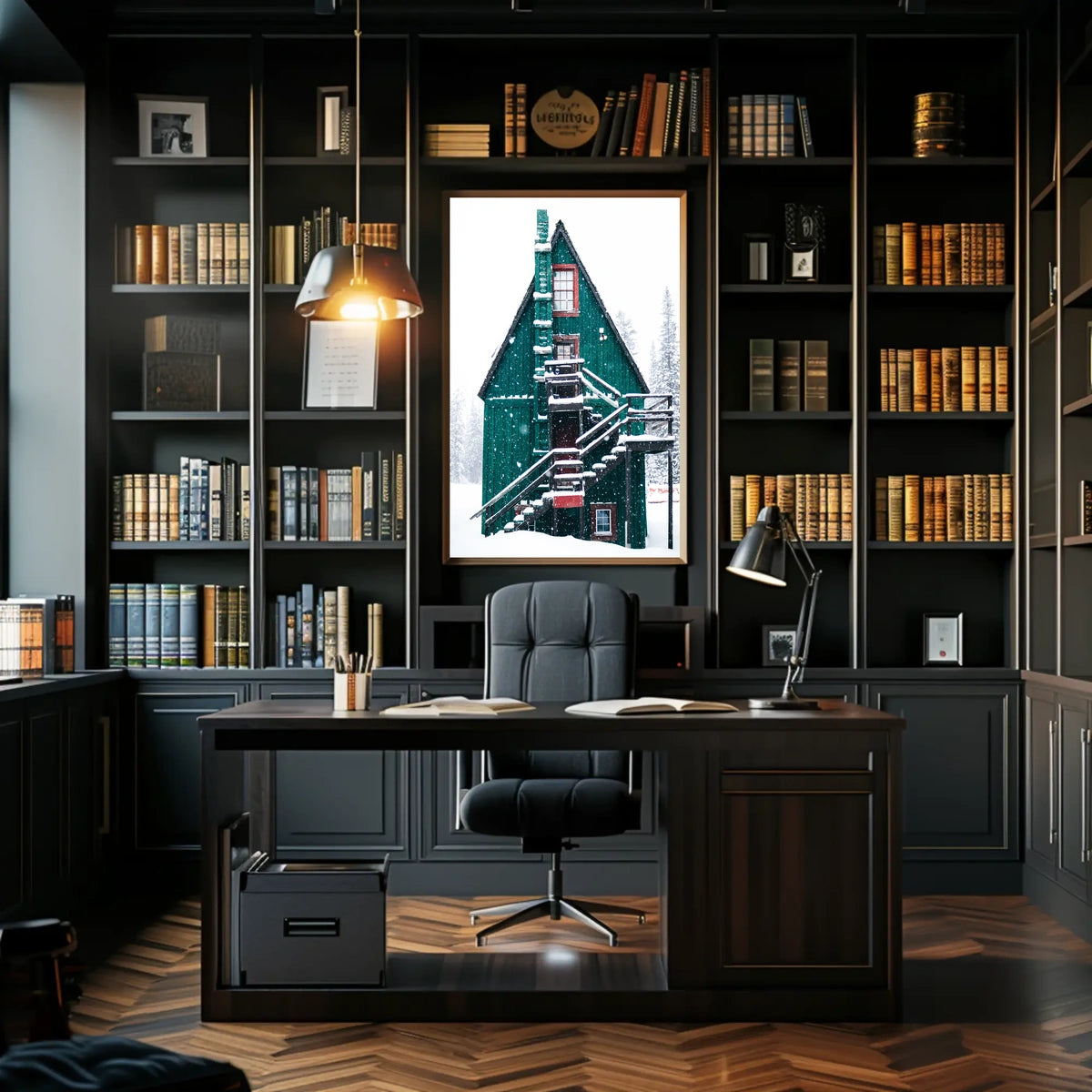 Charming Winter Cabin in Snowy Forest Scene