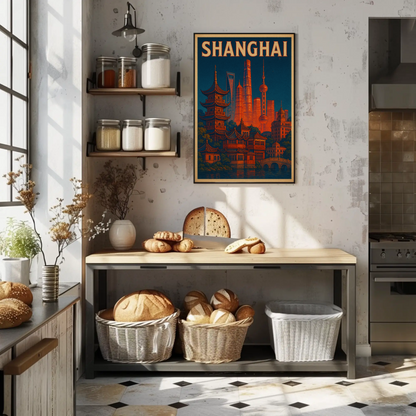Shanghai Skyline and Pagodas Night Poster