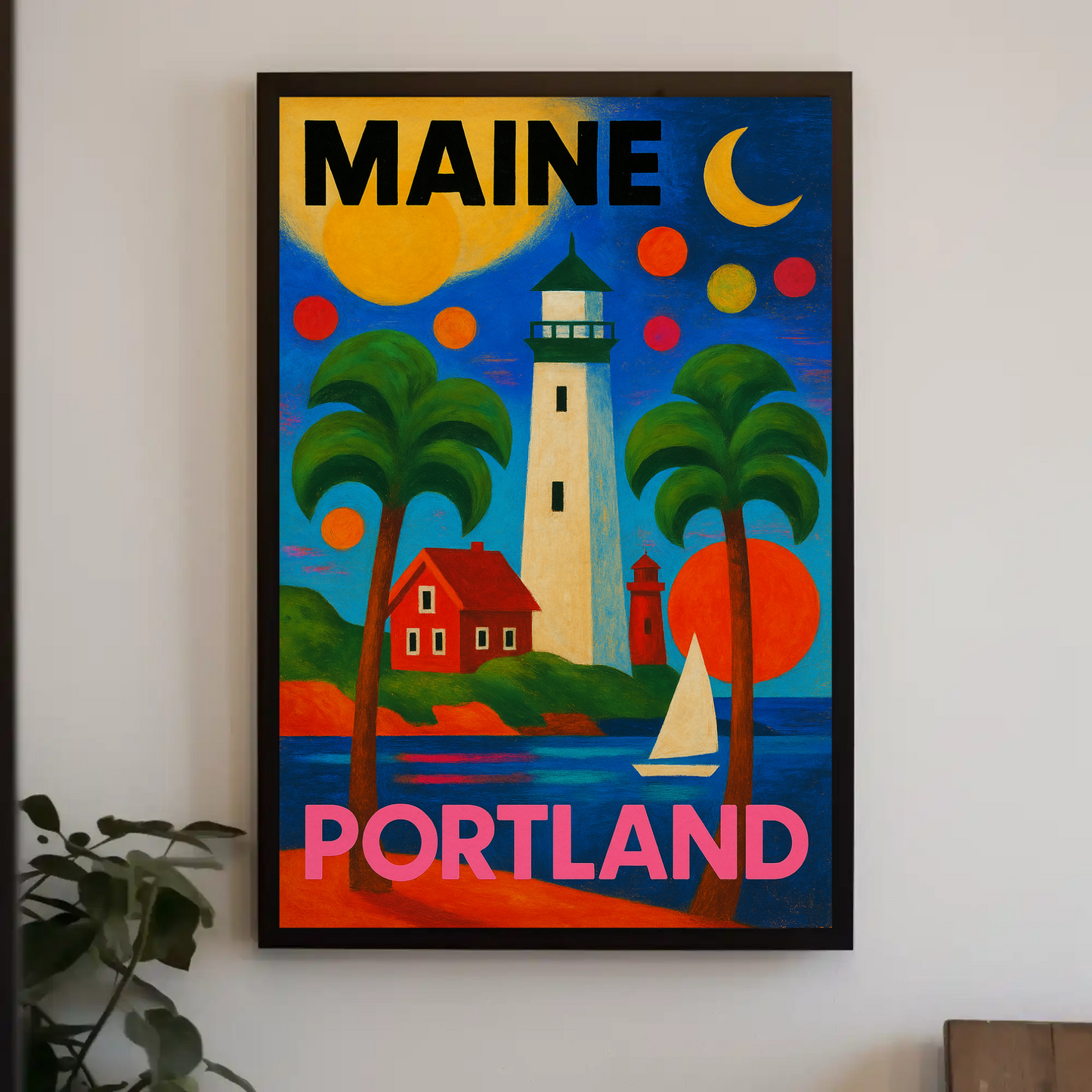 Maine Portland Lighthouse Sailboats Palms Vintage Travel Poster